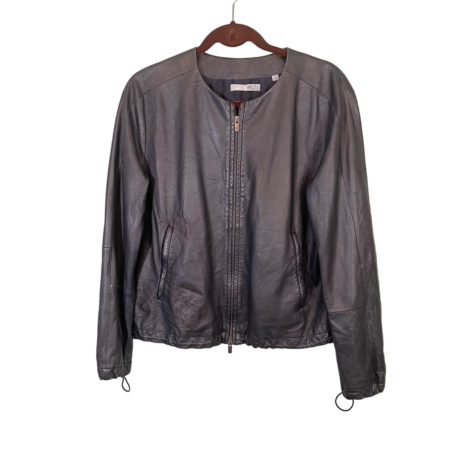 Vince Women's Black Lamb Leather Round Neck Full Zip Biker Moto Jacket Large